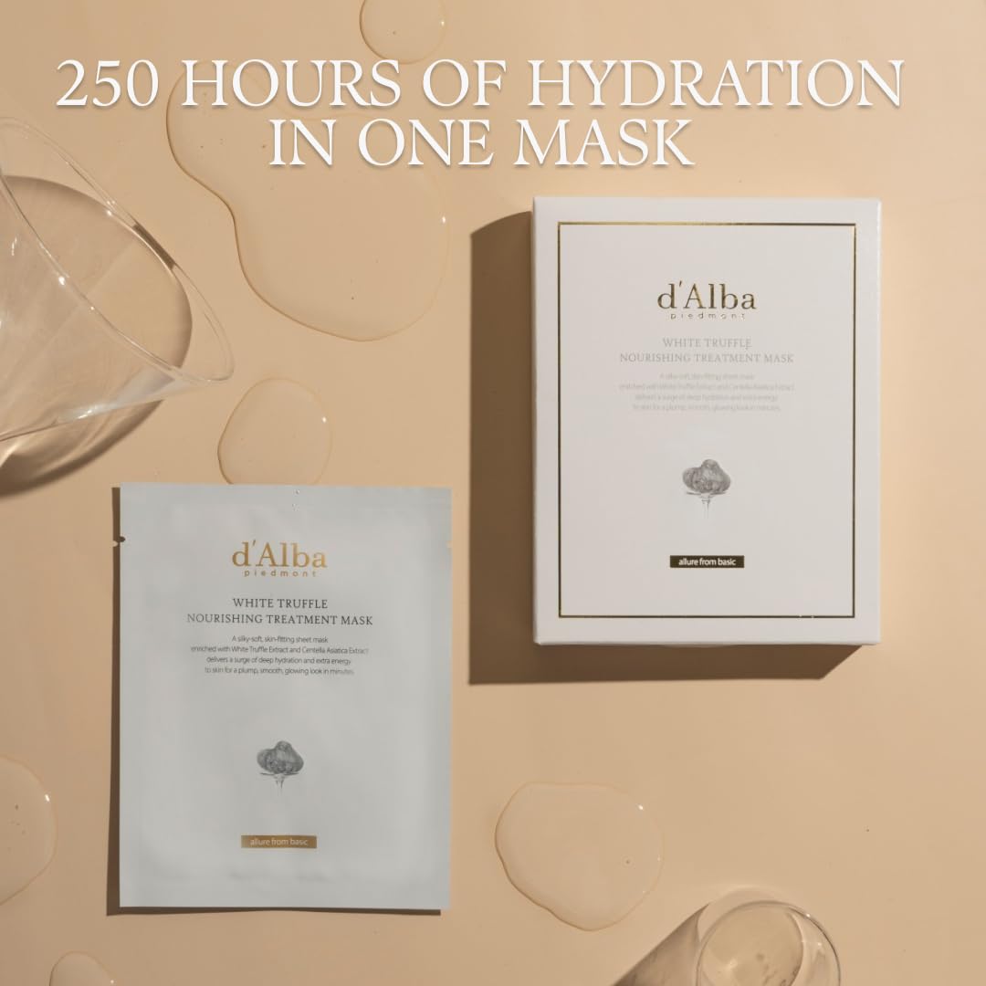 d'alba Piedmont Italian White Truffle Nourishing Mask 5pcs, Vegan Skincare, Nourishing Sheet Mask for Dry and Tired Skin, Deep Hydration Mask, Korean Skin Care