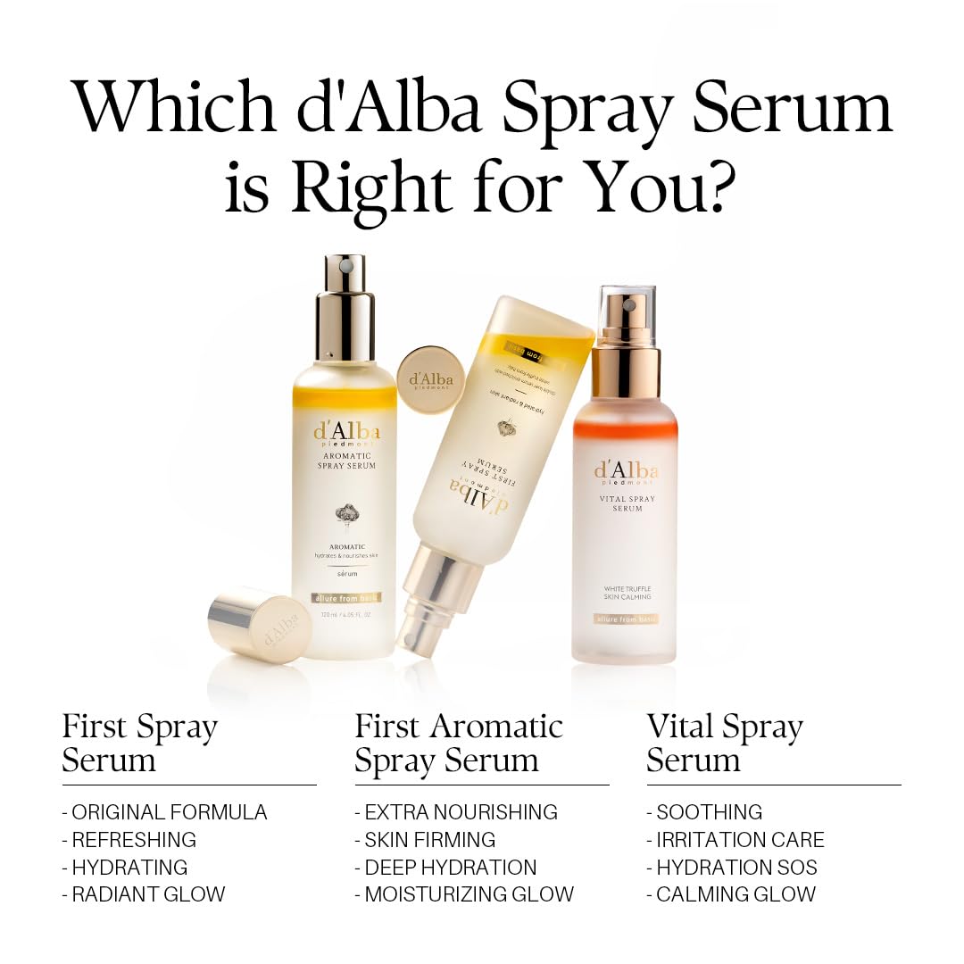 d'alba Piedmont Italian White Truffle Vital Spray Serum, Vegan Skin Care, Calming and Hydrating Facial Mist for Red and Sensitive Skin, Glow Serum, Surfactant Free, All in One, Korean Skin Care