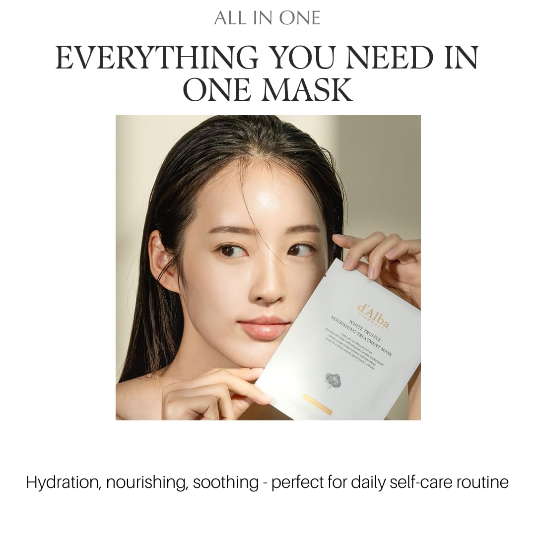 d'alba Piedmont Italian White Truffle Nourishing Mask 5pcs, Vegan Skincare, Nourishing Sheet Mask for Dry and Tired Skin, Deep Hydration Mask, Korean Skin Care