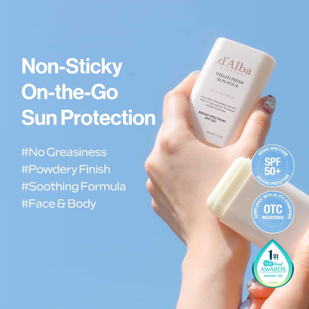 d'alba Piedmont Air Fit Fresh Sun Stick, OTC BROAD SPECTRUM SPF 50+, Non-Sticky On-the-Go Sun Protection, Outdoor Essential Vegan NEW Type Sun Stick, Silky & Fresh, Korean Skin Care (0.7 Oz.)