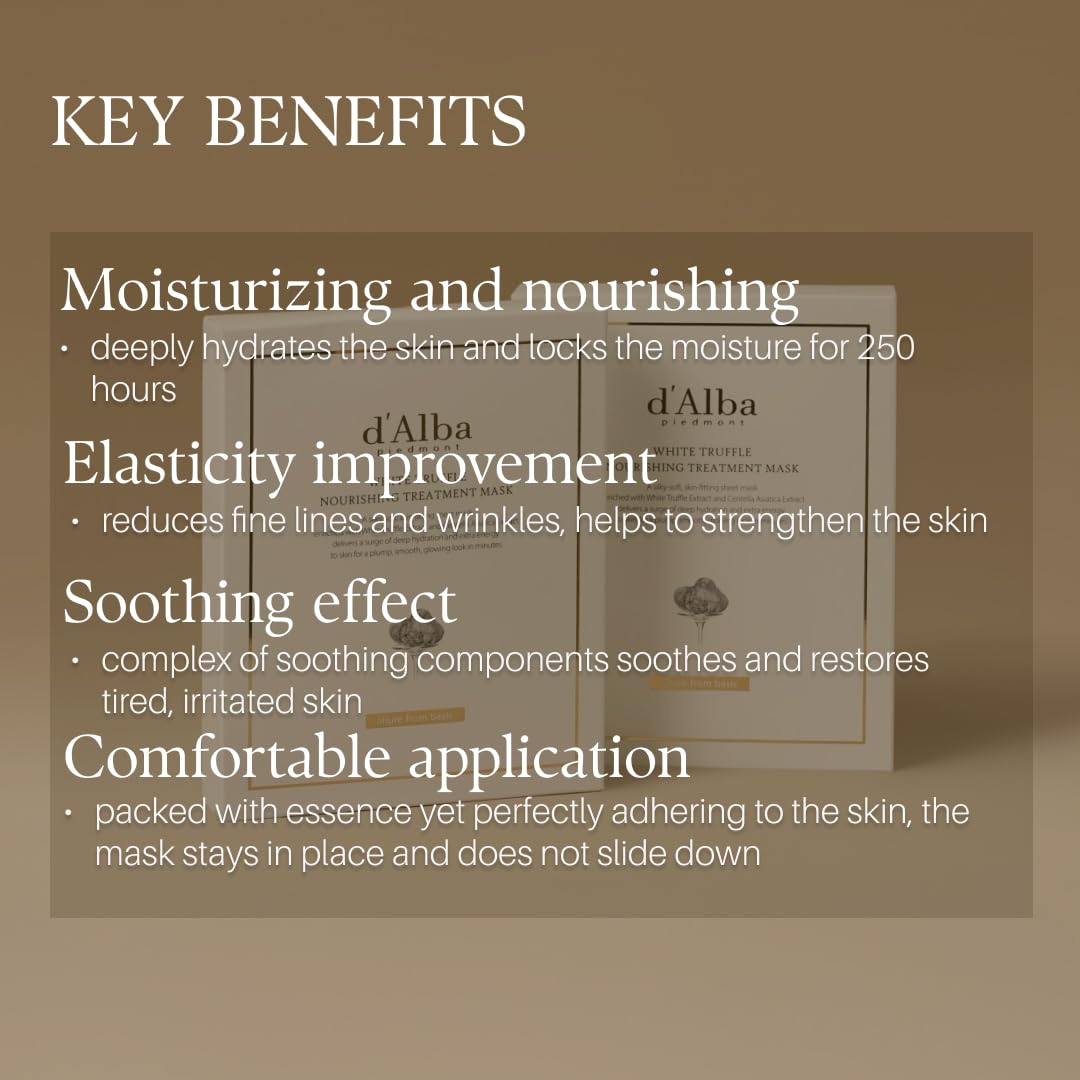 d'alba Piedmont Italian White Truffle Nourishing Mask 5pcs, Vegan Skincare, Nourishing Sheet Mask for Dry and Tired Skin, Deep Hydration Mask, Korean Skin Care