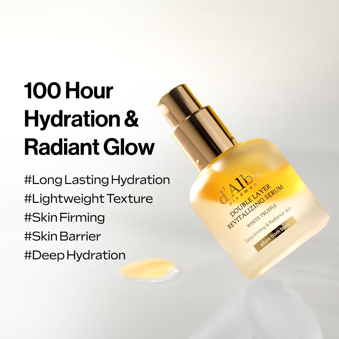 d'alba Piedmont Italian White Truffle Double Layer Revitalizing Serum, 100hr Hydration, Hyaluronic Acid and Centella Asiatica, Skin Firming and Tightening, Long-lasting Korean Skin Care (1.01 fl.oz)